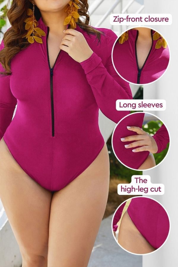Zip front long sleeve one-piece swimsuit in rose red with high-leg cut and durable fabric