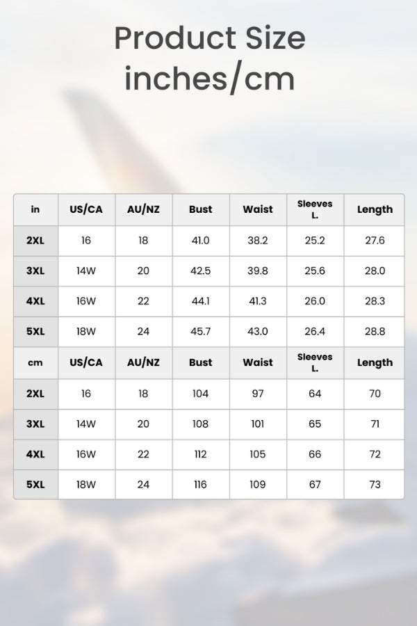 Size chart for Zip Front Long Sleeve one-piece swimsuit with measurements in inches and centimeters for bust, waist, sleeves, and length in sizes 2XL to 5XL.