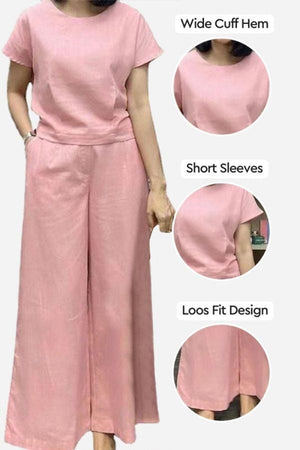 Pink short-sleeved bell pants two-piece set with wide cuff hem and loose fit design