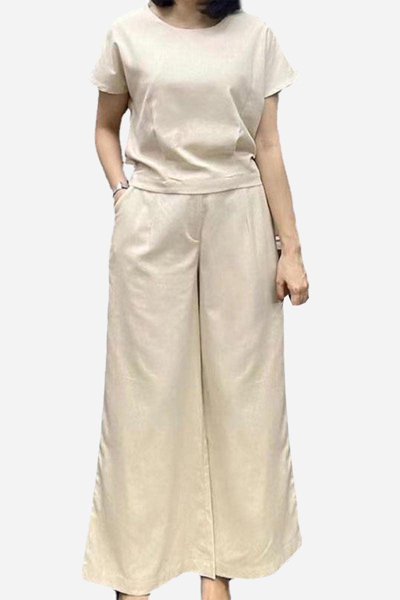 Beige short-sleeved bell pants two-piece set with loose top and wide-leg pants