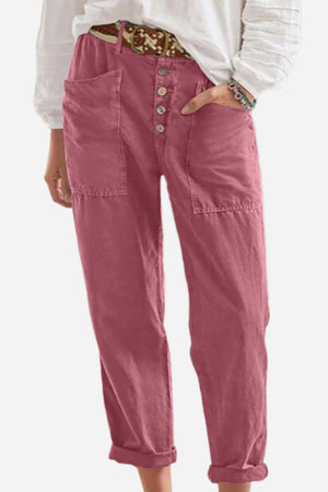 Women's casual button-down utility-chic trousers in soft cotton blend with deep pockets and rolled cuffs