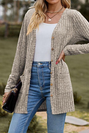 Lightweight ultra soft long knit-like cardigan with buttons and pockets worn over white top and jeans