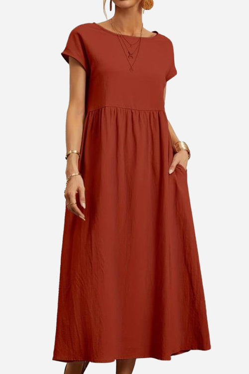 Capped-sleeve, Voluminous Pleated Midi Dress