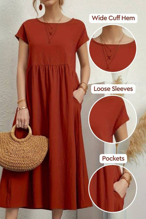 Capped-sleeve, Voluminous Pleated Midi Dress