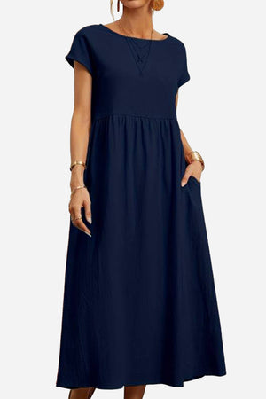 Capped-sleeve, Voluminous Pleated Midi Dress