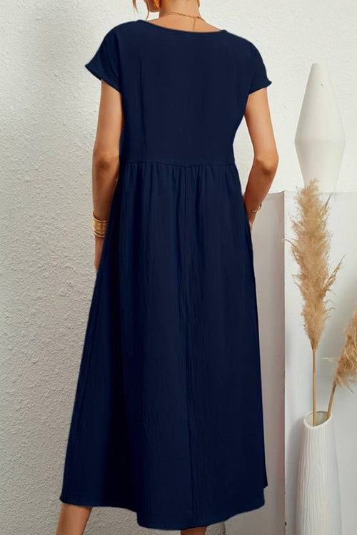 Capped-sleeve, Voluminous Pleated Midi Dress