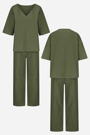 V-neck Cotton Two-Piece Trouser Set