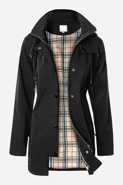 Black elegant plaid raincoat windbreaker with checkered lining and feminine draw-string waist, water resistant and lightweight.