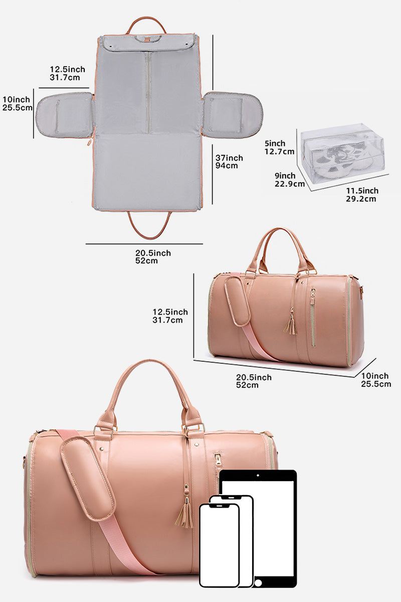 Pink no-wrinkle foldable travel bag made of waterproof PU leather with multiple compartments and fold-out garment section for wrinkle-free packing.