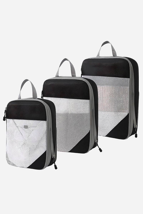 Space-saving compression packing organizers 3-piece set black and white mesh travel bags