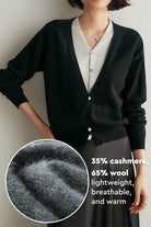Single-breasted cashmere wool cardigan in black, lightweight, breathable, and warm blend of 35% cashmere and 65% wool.