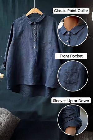 Vintage linen shirt in navy blue with classic point collar, front pocket, and rollable sleeves for casual chic style
