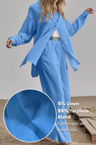 Lightweight blue linen blend two-piece set with breathable fabric, featuring loose-fit top and pants ideal for travel and easy care.