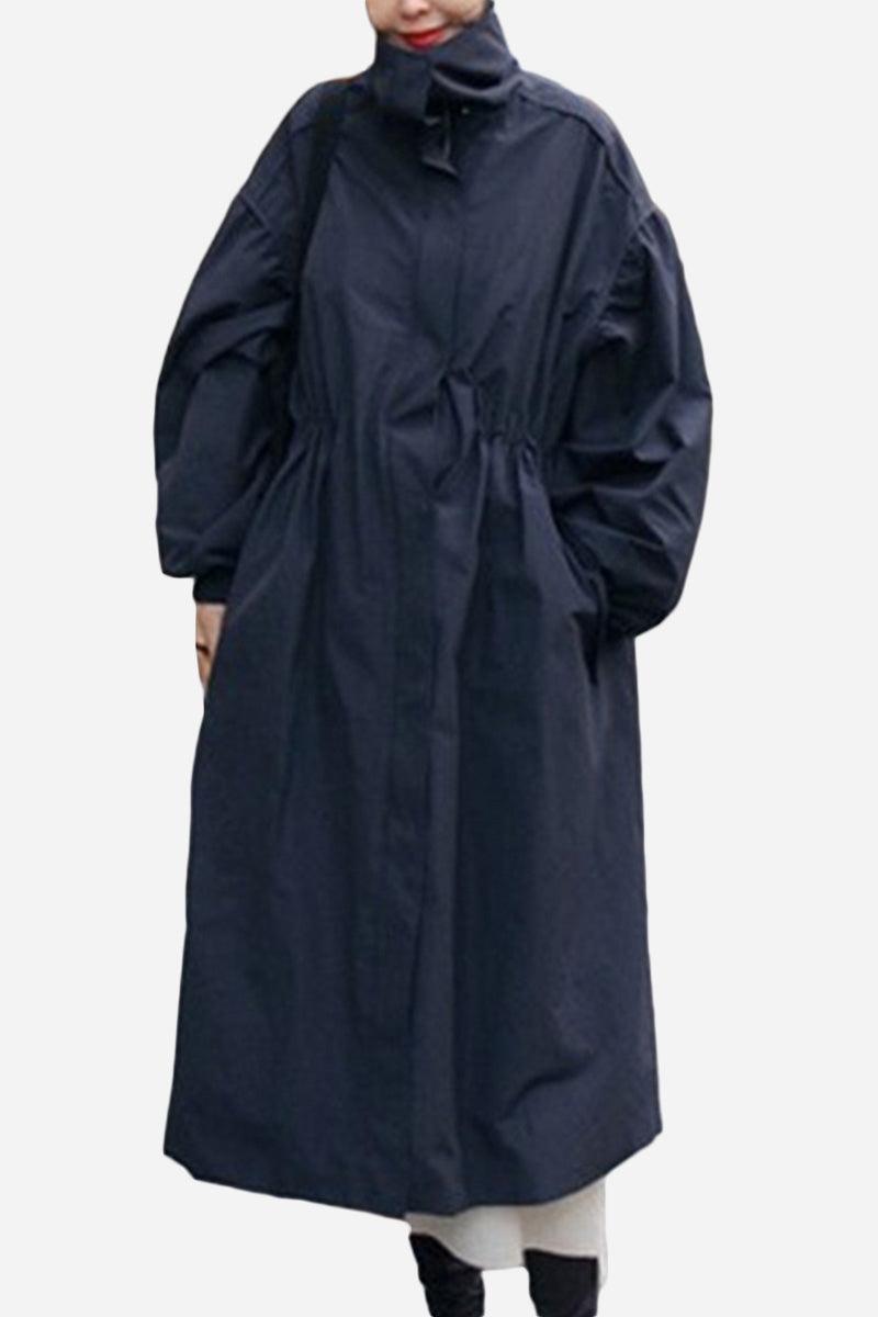 Oversized cotton stain-resistant navy travel coat with button front and lightweight design