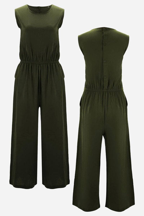 Pure Cotton minimal confidence two-piece set sleeveless olive green jumpsuit with elastic waist and button back closure.