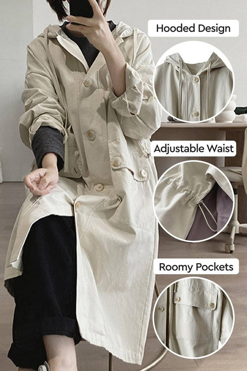 One size travel-ready hooded windbreaker in natural cotton with adjustable waist and roomy pockets