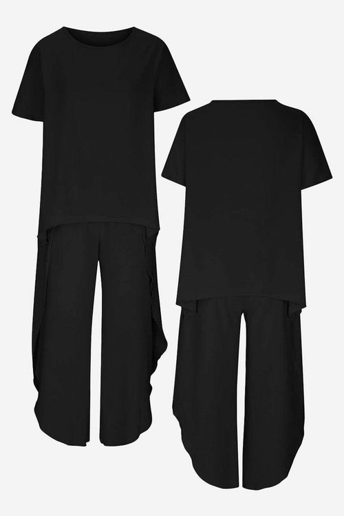 Relaxed linen-like travel 2-piece set in black with short-sleeve top and wide-leg pants, wrinkle-resistant and breathable fabric
