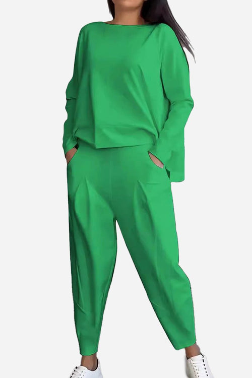 Green All-Day Comfort 2-Piece Outfit Set with long sleeves and relaxed fit pants