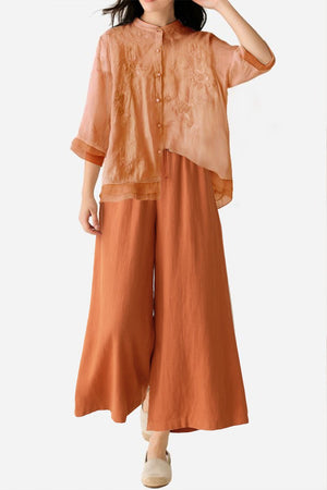 Women's Cotton Linen Tuscany embroidered sheer top and wide-leg pants two-piece set in warm terracotta color