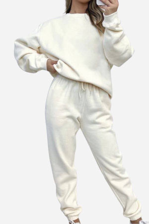 Classic Comfort Athleisure set in soft cream fabric with relaxed fit sweatshirt and jogger pants