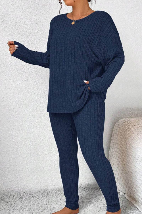 Body Confident Oversized Knit navy blue cozy two-piece set with relaxed fit and knit texture