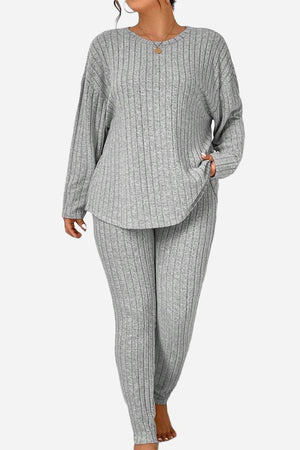 woman wearing gray Body Confident Oversized Knit two-piece set with long-sleeve top and matching pants