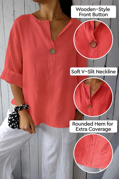 Coral pure linen age-defying shirt with wooden button, soft V-slit neckline, and rounded hem for women