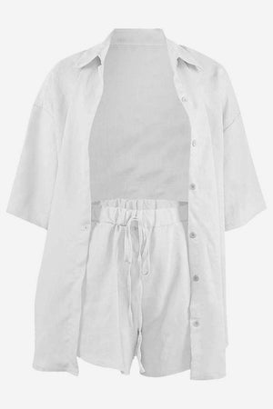 White Coastal Linen Cotton two-piece casual shirt and shorts set for women