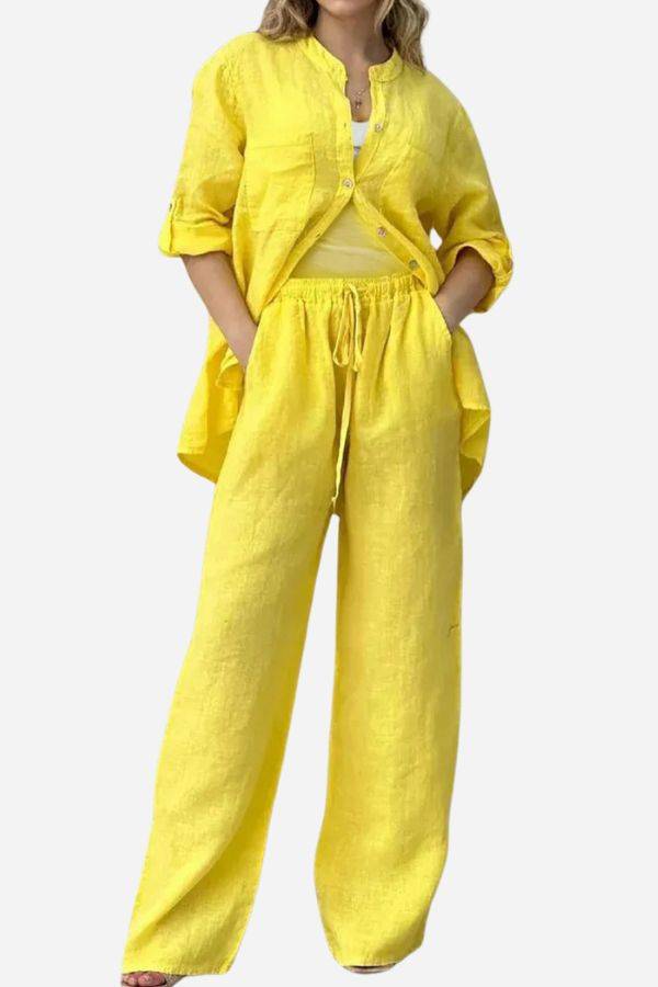 Yellow 100% cotton double comfort two-piece set with loose fit and drawstring pants