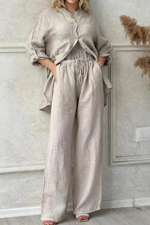 Women's 100% cotton beige two-piece double comfort set with relaxed fit and drawstring pants