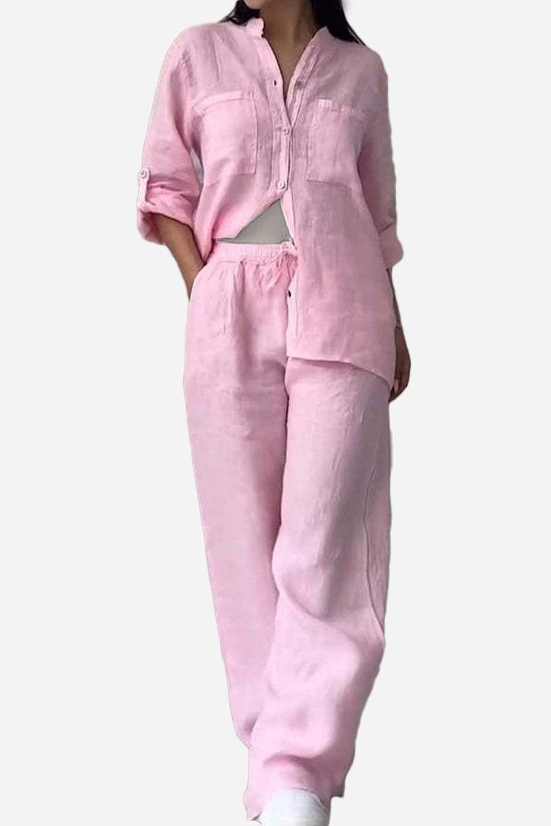 Women’s 100% cotton pink double comfort set with relaxed fit shirt and pants