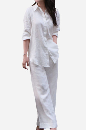 Woman wearing 100% linen natural comfort white two-piece outfit with relaxed fit