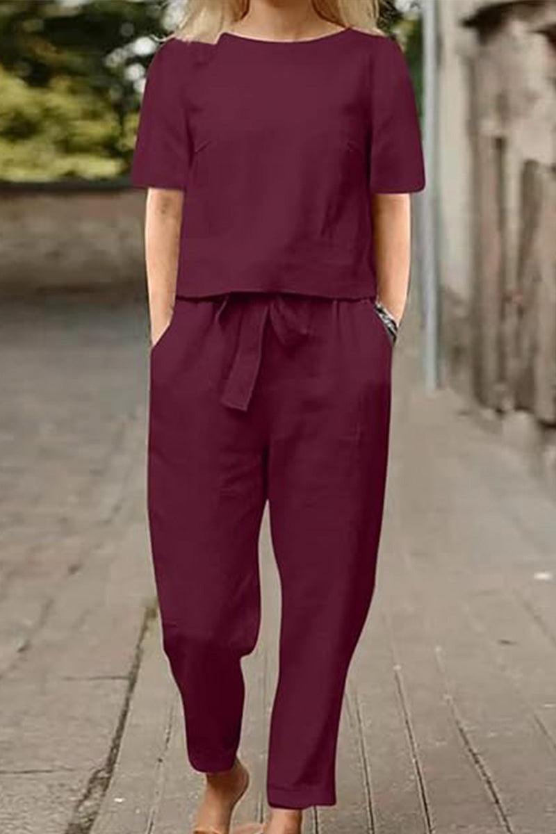 Women's cotton-linen blend monochrome relaxed two-piece set in burgundy for breathable comfort and casual style