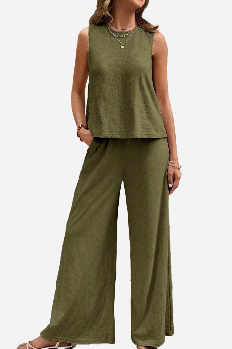 Women’s sleeveless wide leg pants set in olive green, soft breathable fabric, comfortable relaxed fit, wrinkle-resistant travel outfit.