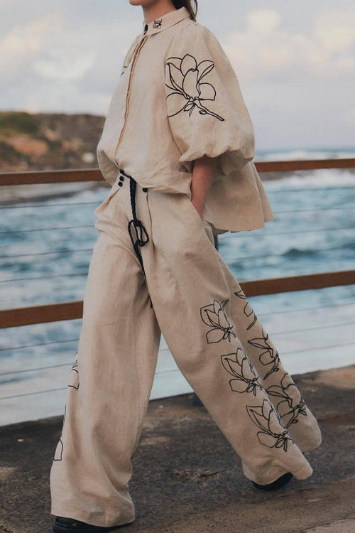 Dolce Vita Cotton Linen floral embroidered wide-leg pants and balloon sleeve top set in natural breathable fabric by the sea