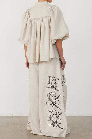 Dolce Vita Cotton Linen floral set with balloon sleeves and wide-leg pants in soft breathable fabric