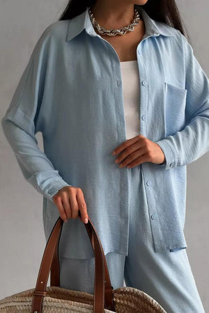 Light blue relaxed fit wide-leg two-piece set for travel and casual wear