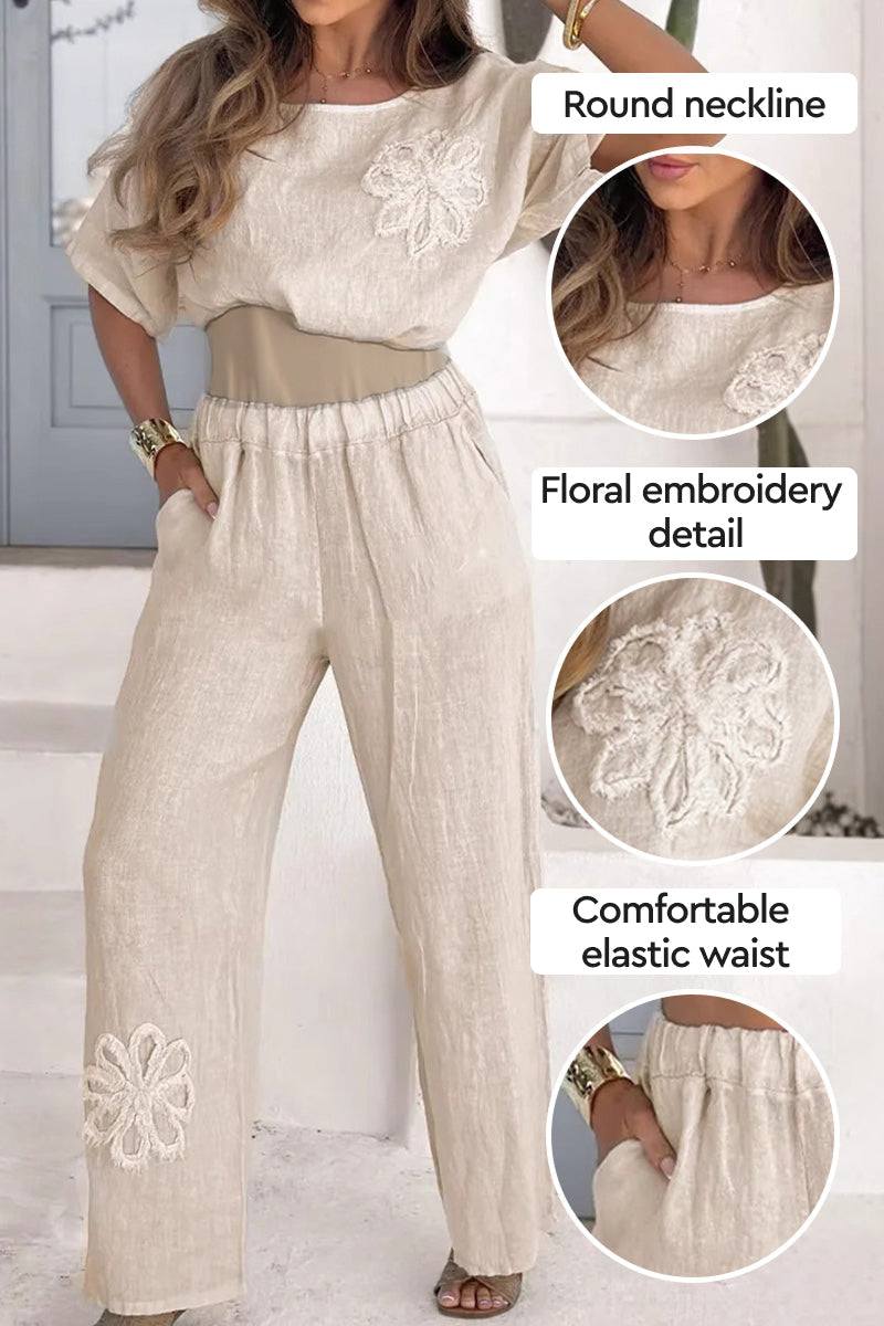 Beige two piece set with floral embroidery, round neckline, and elastic waist for comfortable fit
