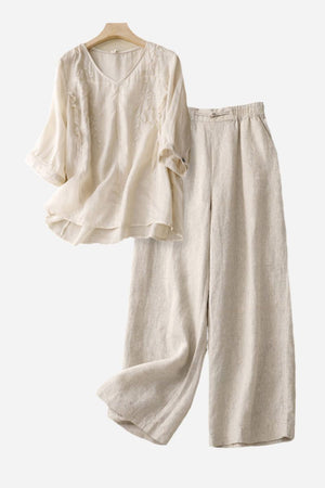 Women's 100% cotton linen blend beige embroidered top and wide-leg trousers set