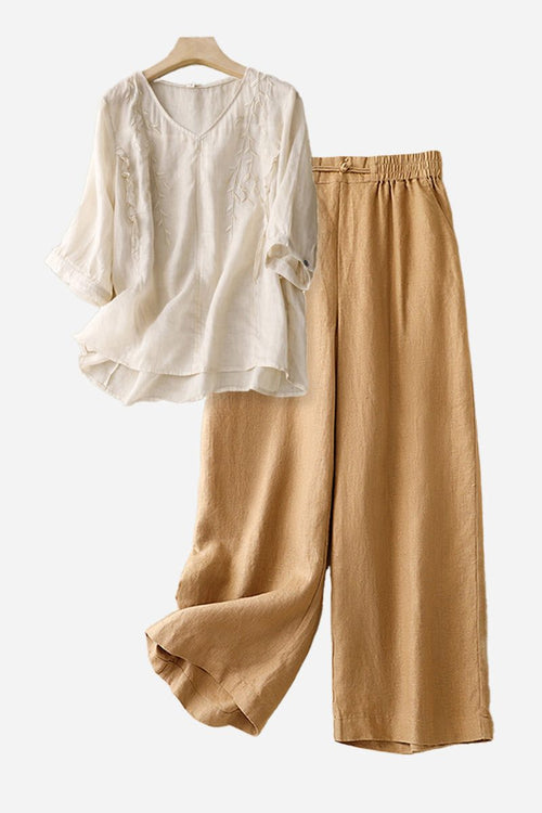 Cotton linen blend golden hour set with embroidered V-neck top and high-waisted wide-leg pants