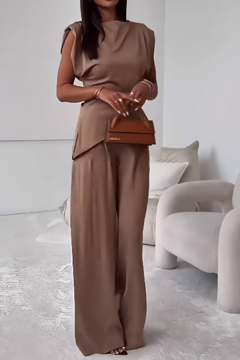 Manhattan Lines Draped two-piece set with asymmetrical sleeveless top and wide-leg pants in brown