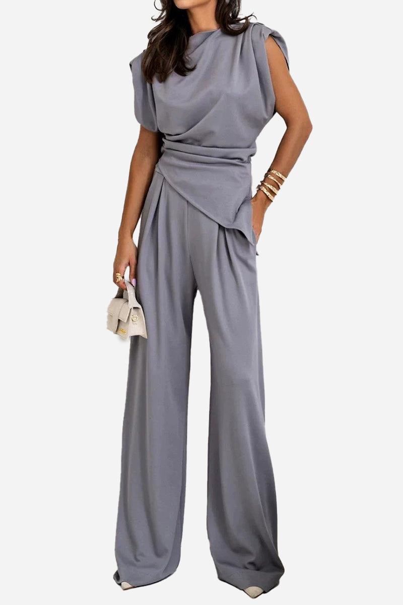Manhattan Lines Draped two-piece set with asymmetrical sleeveless top and wide-leg pants in grey polyester-spandex blend