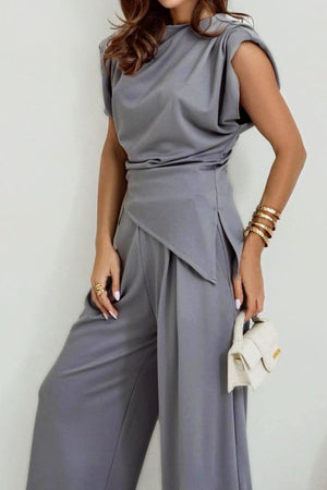 Gray Manhattan Lines Draped asymmetrical sleeveless top and wide-leg palazzo pants two-piece set