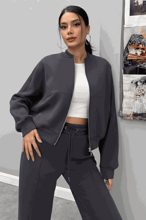 The Voyager Zip Set women's matching charcoal zip-front sweatshirt and wide-leg joggers travel outfit