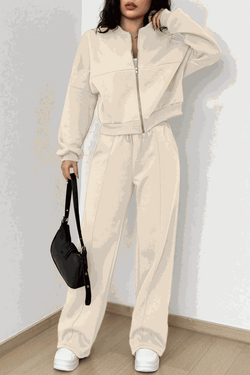 The Voyager Zip Set beige zip-front sweatshirt and wide-leg joggers travel outfit for women