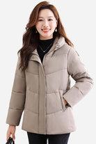 Women's Everyday Warmth Coat mid-length hooded lightweight insulated winter jacket taupe color