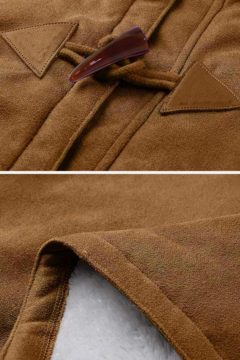 Close-up of brown warm toggle button hooded coat with soft faux suede exterior and sherpa lining.