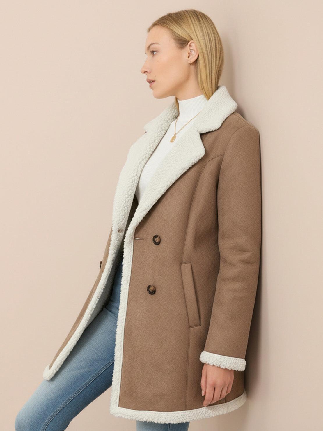 women's faux suede sherpa coat with mid-thigh length and contrast sherpa trim