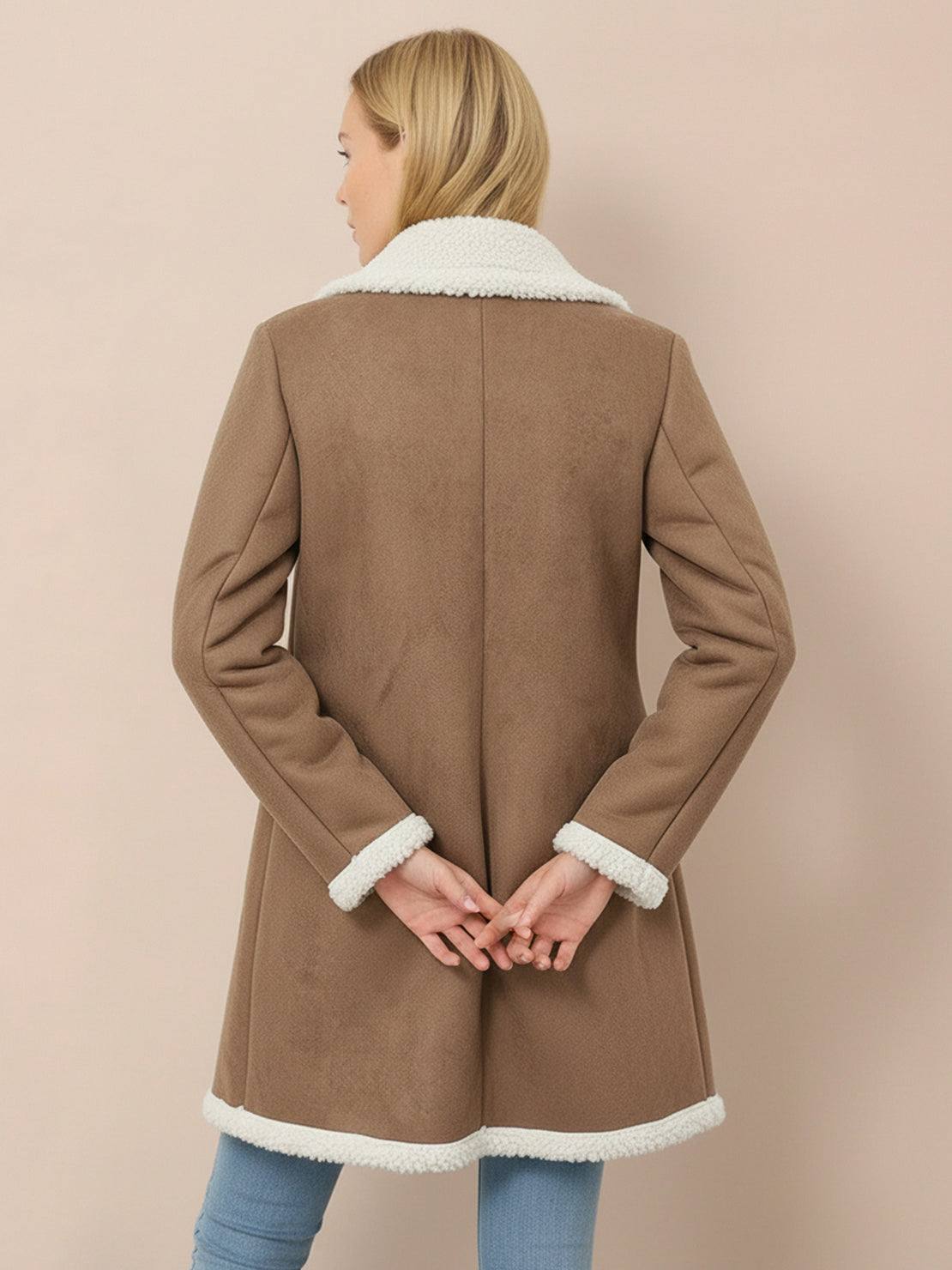 mid-thigh faux suede sherpa coat with double-breasted front and contrast trim