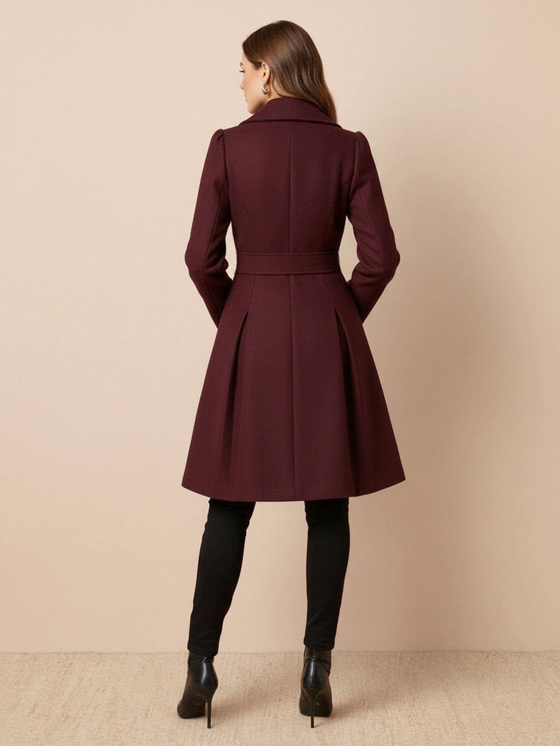 Fit & Flare Trench Coat with tailored waist and A-line silhouette in non-wool fabric